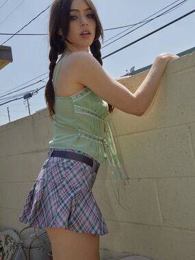 Dolls Kill You’re Invited Pleated Mini Skirt Pink grey ribbon belt plaid